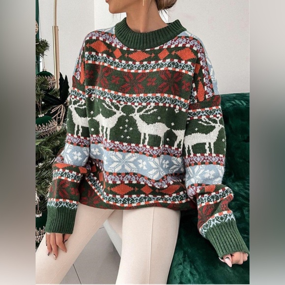 Geometric Round Neck Dropped Shoulder Sweater - Picture 8 of 11